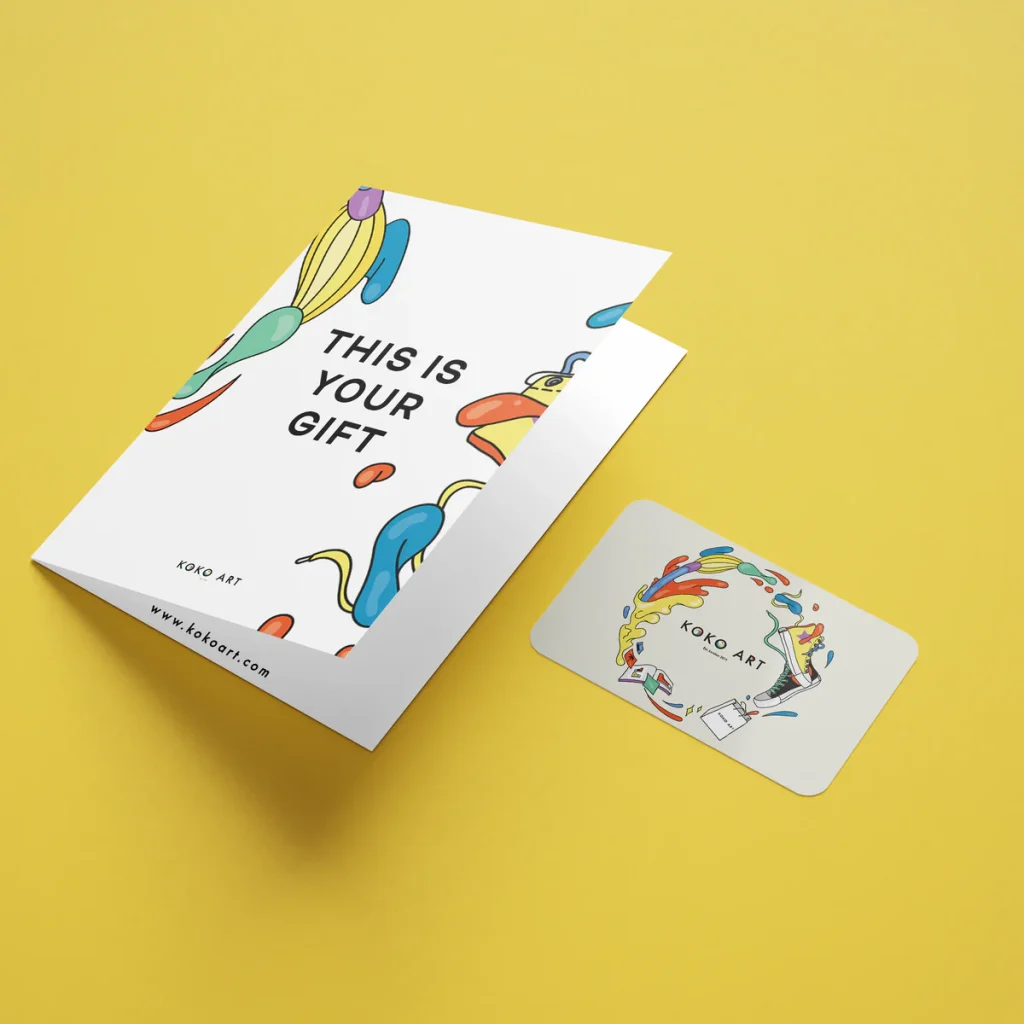 Gift card set with colourful abstract designs on a yellow background from Koko Art, featuring the text This is your gift