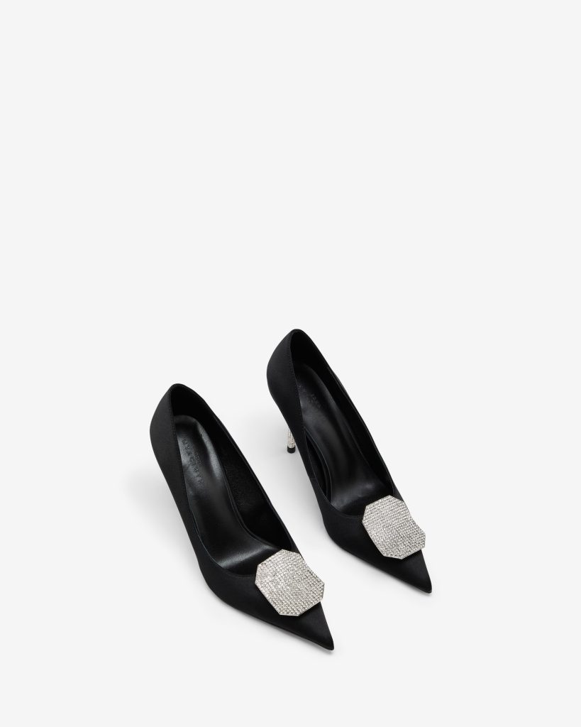 Black high-heeled shoes with sparkling silver embellishments, perfect for elegant occasions