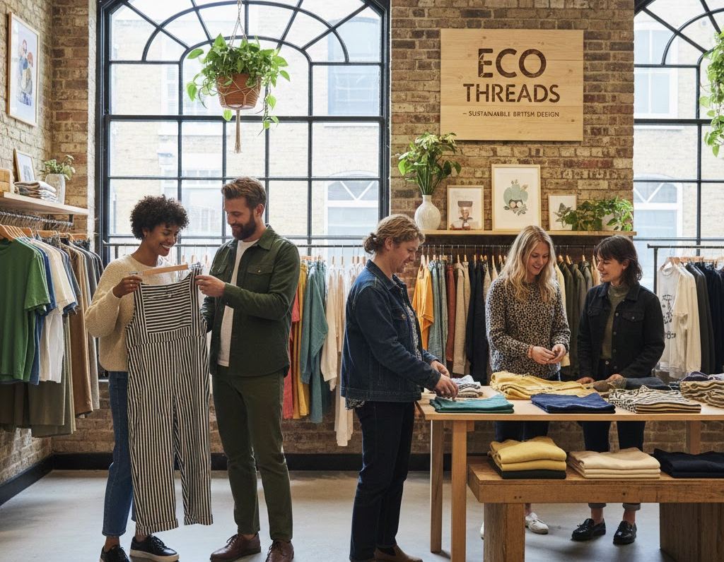 People shopping in an eco-friendly clothing store, browsing sustainable clothes on racks and tables