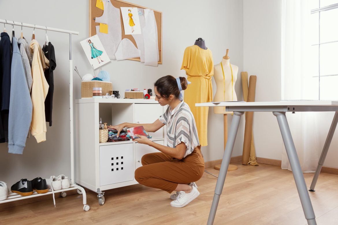 A woman kneels in front of a closet, examining its contents with a focused expression