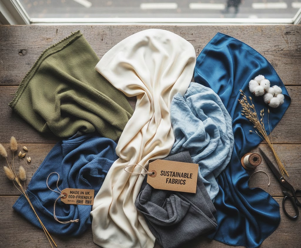 Various sustainable fabrics displayed on a wooden table with eco-friendly tags, cotton, and sewing materials