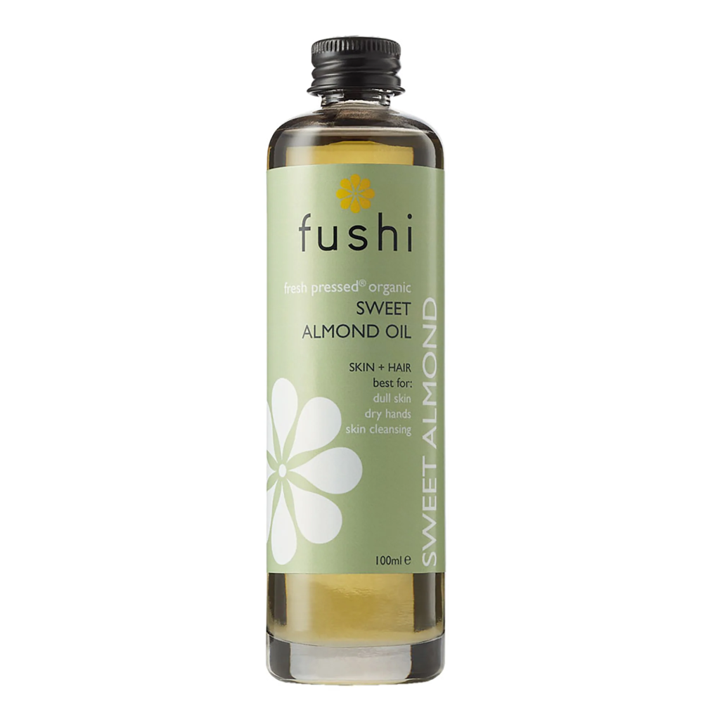 Fushi organic sweet almond oil bottle, 100ml for skin and hair care, ideal for dull skin and dry hands.