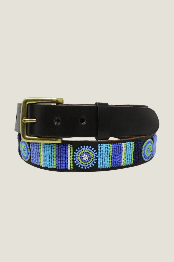 Handcrafted black leather belt with vibrant blue and green beaded design and brass buckle