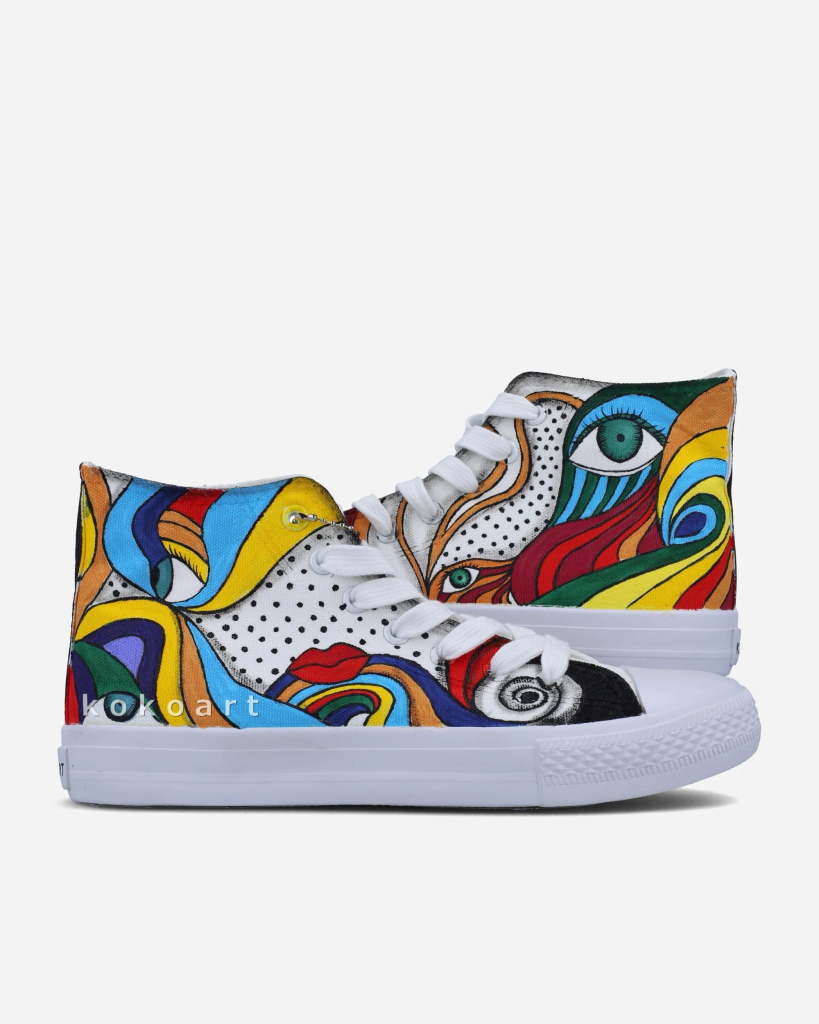 Colorful abstract art on high-top sneakers, featuring vibrant swirls and eye design. Perfect for bold fashion lovers