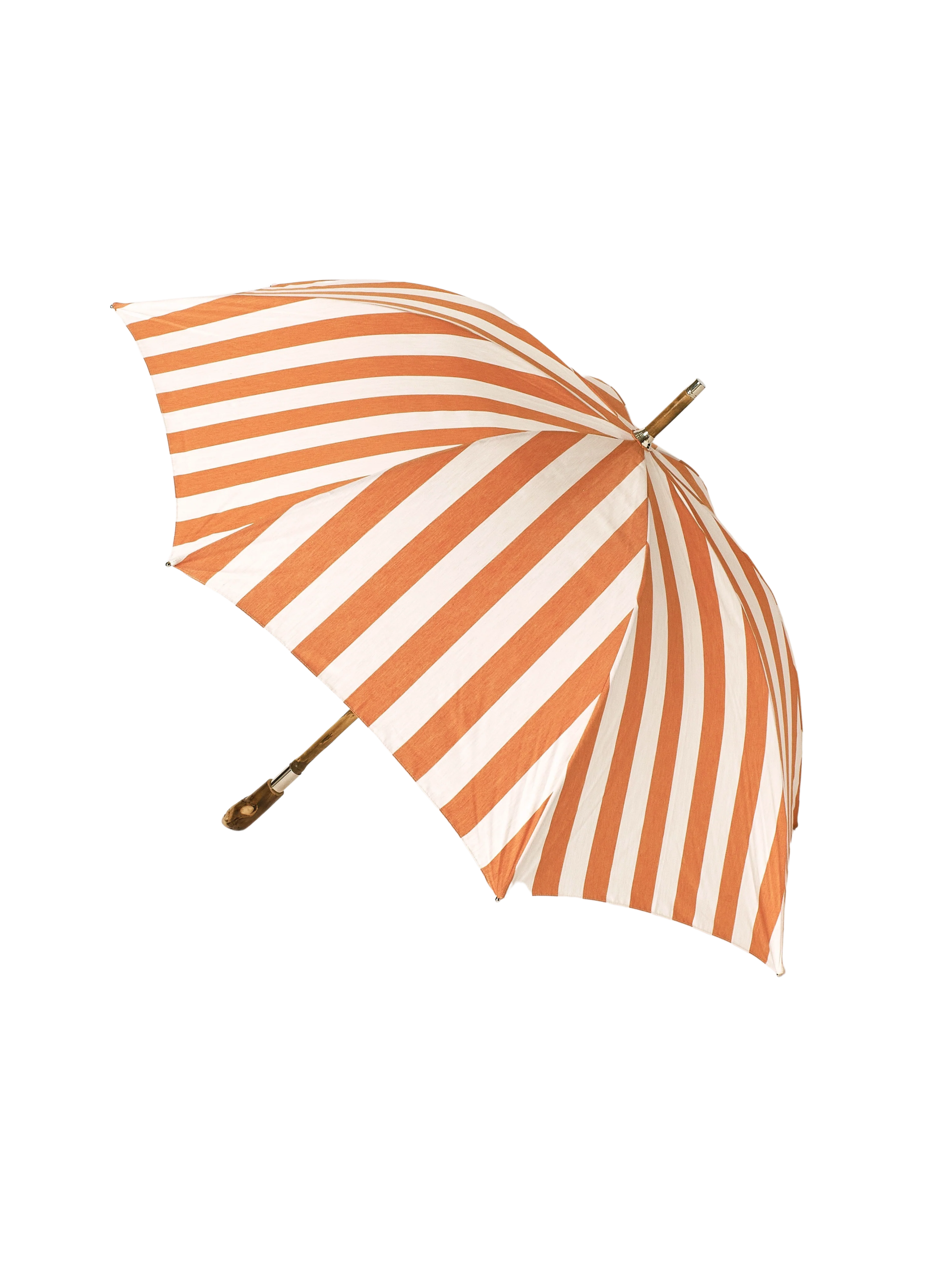 Orange and white striped umbrella against black background, perfect for sunny or rainy days.