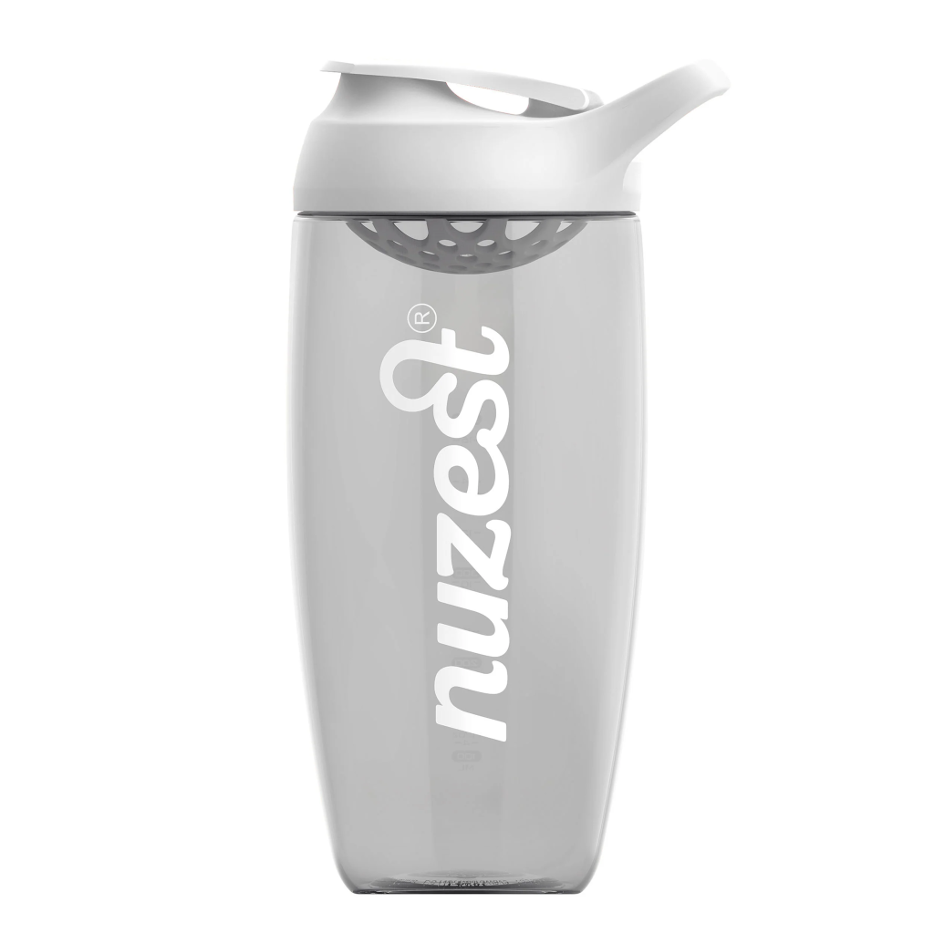 Transparent shaker bottle with white lid and visible nuzest logo, ideal for mixing protein shakes.