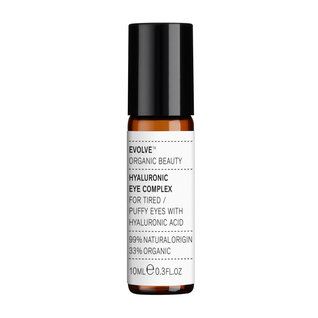 Evolve Organic Beauty Hyaluronic Eye Complex for tired eyes, 10ml bottle, with hyaluronic acid for puffy eyes.