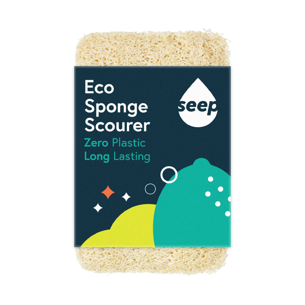 Eco-friendly sponge scourer packaging, highlighting zero plastic and long-lasting durability.