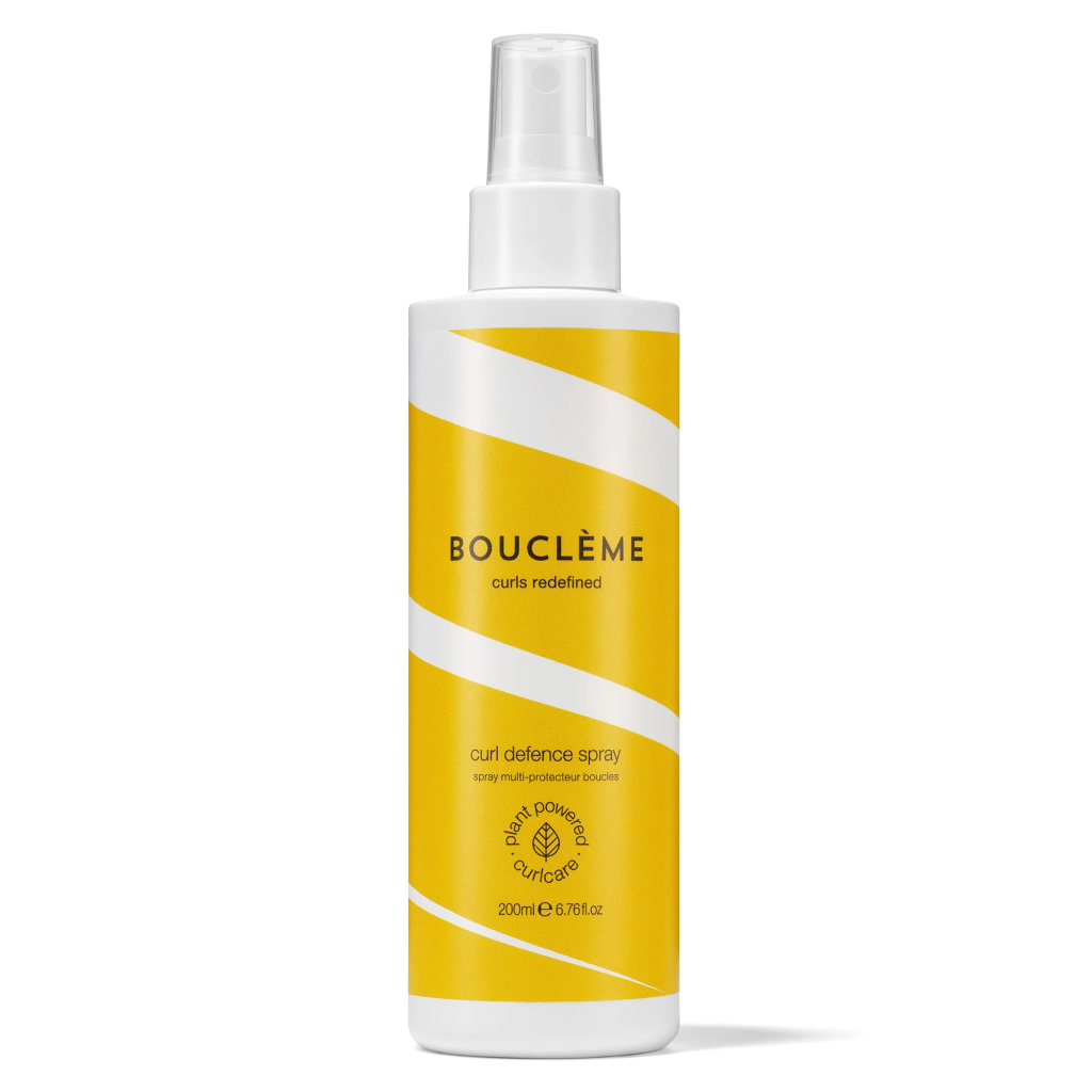 Yellow Bouclème Curl Defence Spray bottle for frizz-free, defined curls. Plant-powered hair care, 200ml.