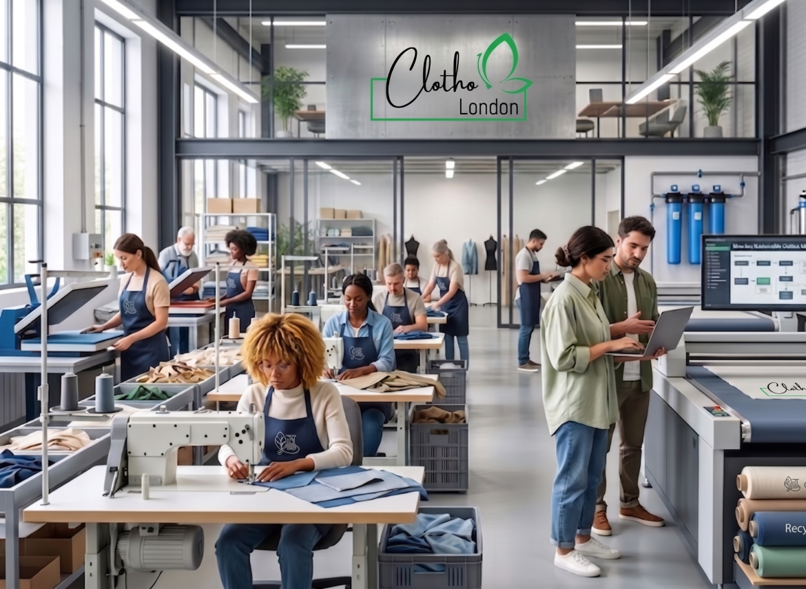 Modern clothing factory workspace with team working on sewing, cutting, and quality control at Clotho London.