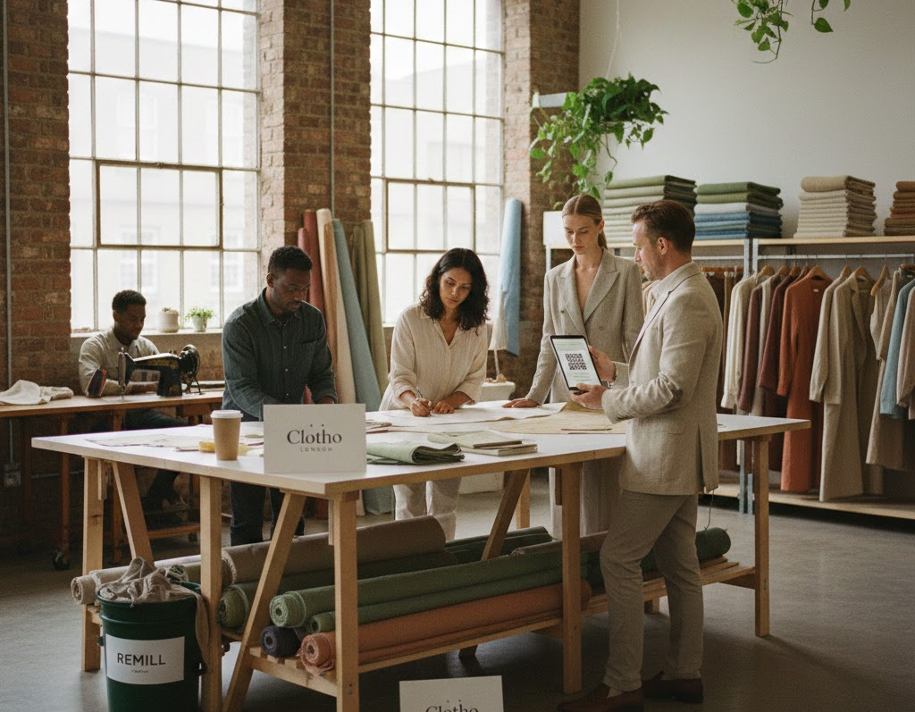 Customers explore fabric options in a clothing store, discussing styles and patterns with each other