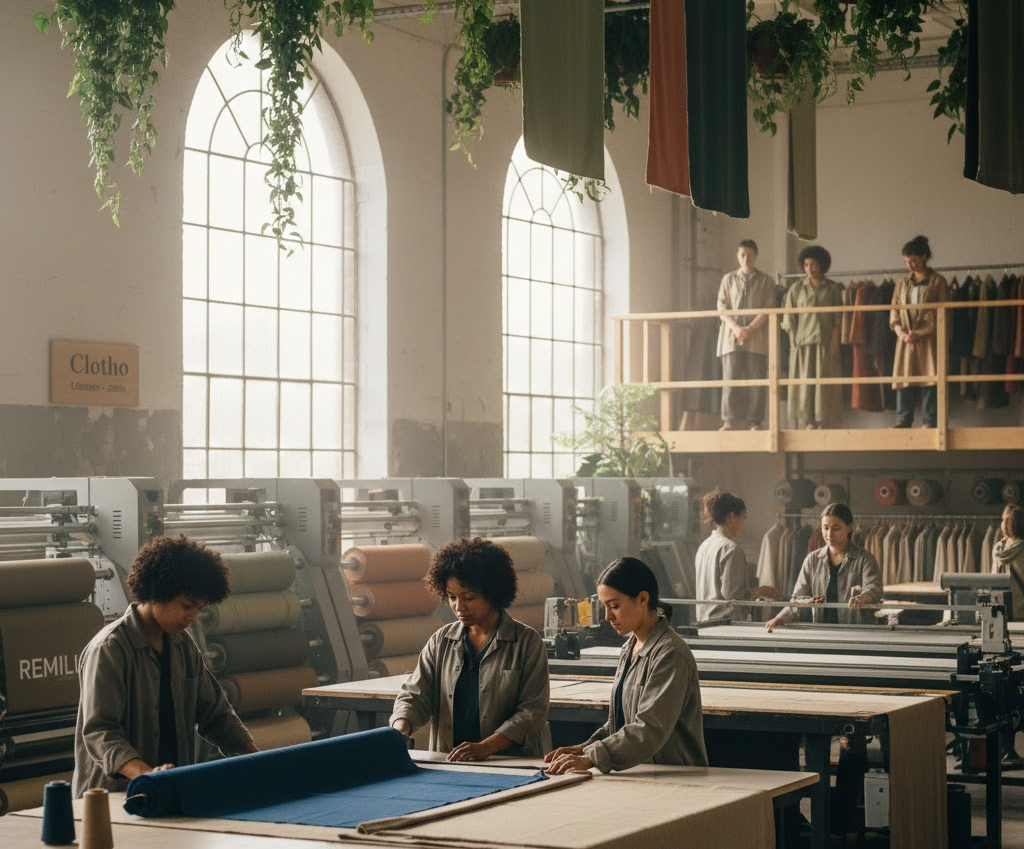 Factory workers are engaged in tasks with fabric scattered on the floor, showcasing a busy manufacturing environment