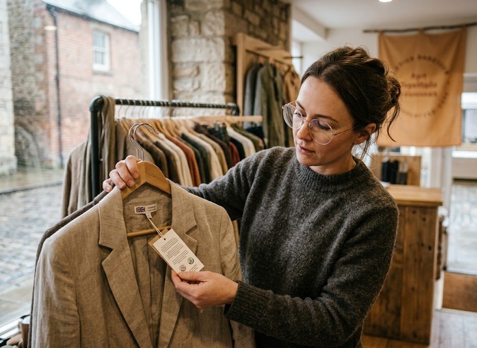 A woman examines a beige blazer in a boutique, highlighting sustainable fashion choices