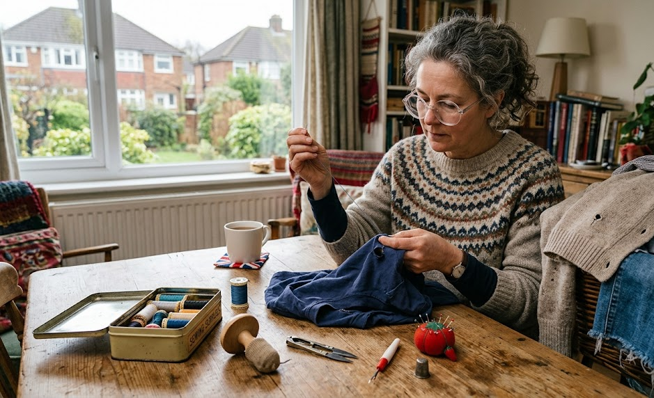 Person sewing at home with thread box and tea, surrounded by cosy decor and natural light