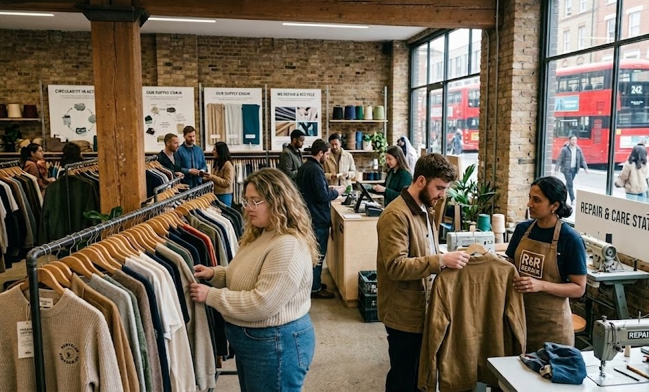 Busy clothing store with customers browsing and staff assisting, showcasing sustainable fashion and repair services.