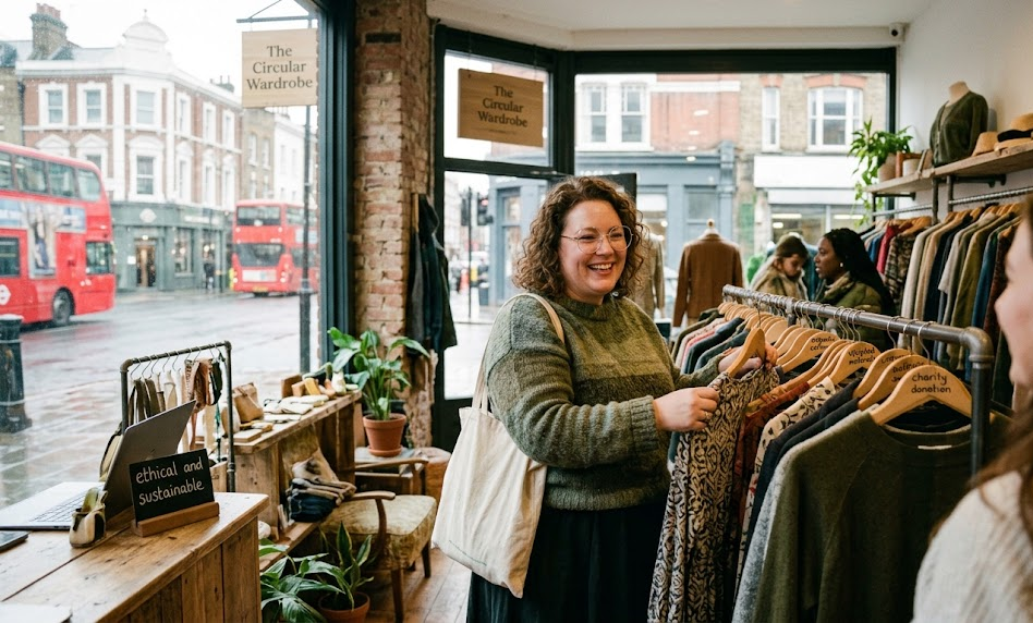 Smiling woman shopping in a sustainable clothing store, holding a dress, with street view outside