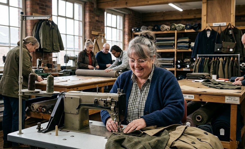 Women sewing and tailoring garments in a traditional fabric workshop, smiling and focused on their craft