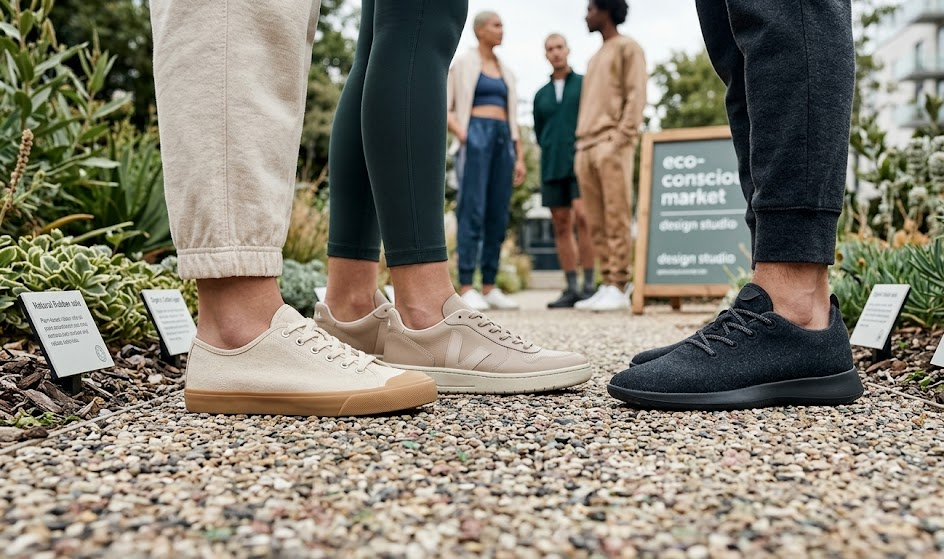 Close-up of eco-friendly shoes on a gravel path at an outdoor market. Four people visible in the background