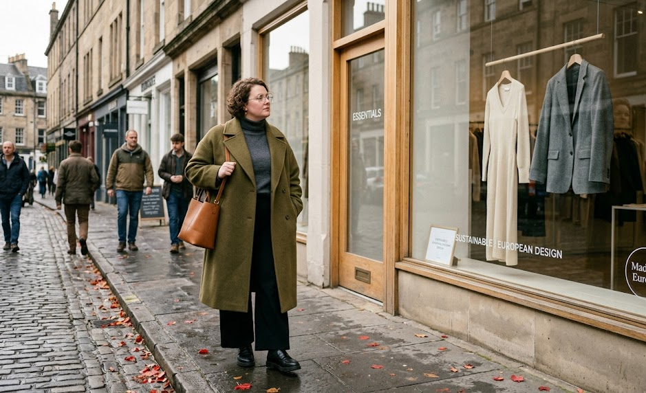 Person walking past a boutique window displaying stylish coats on a quaint cobblestone street.
