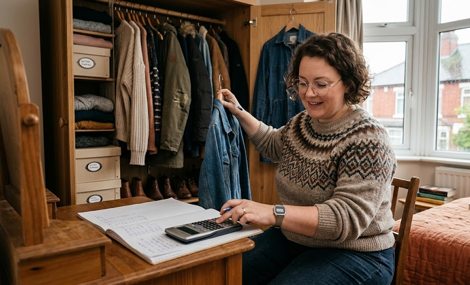Person organising clothes in a wardrobe while calculating costs with a calculator and notebook in a cosy bedroom setting