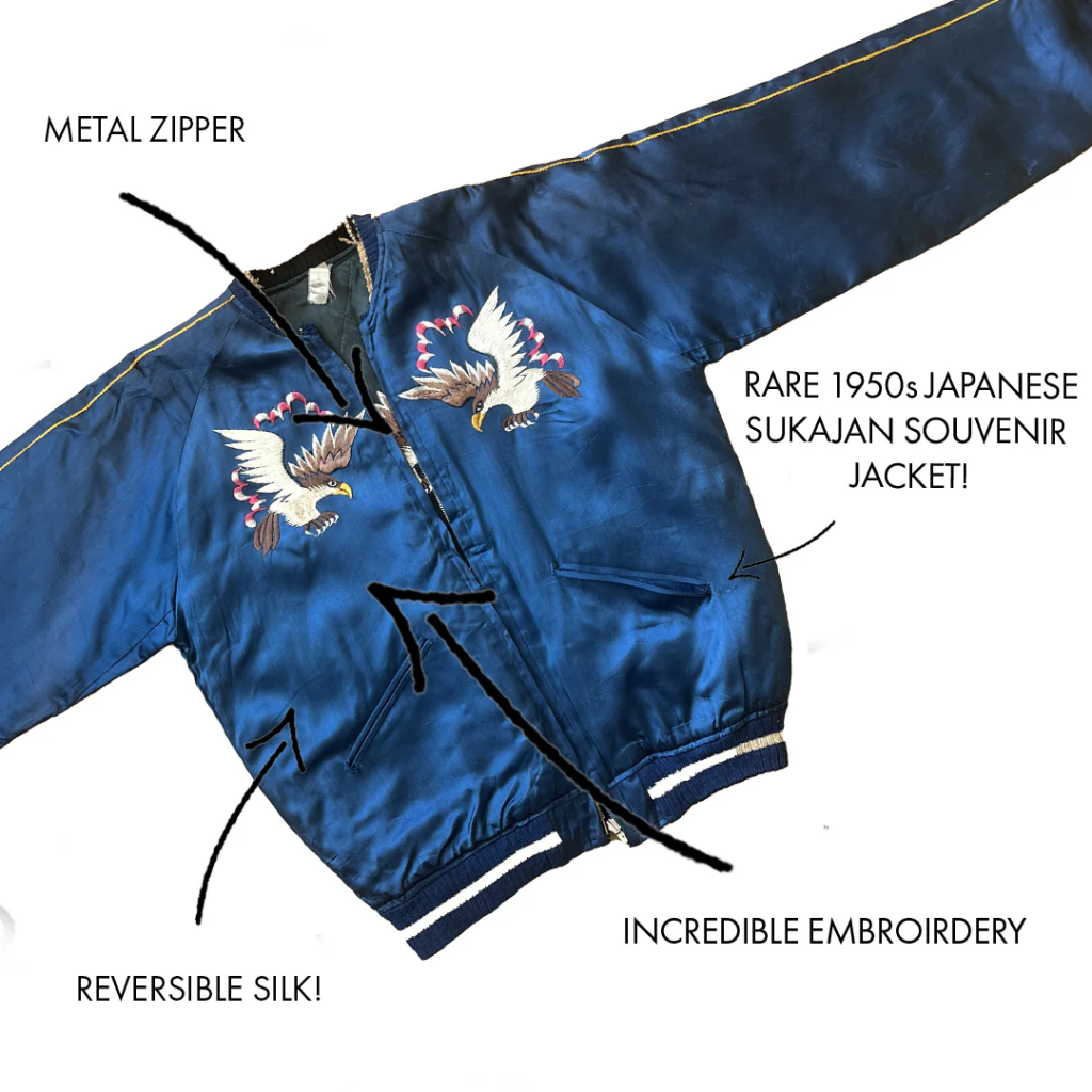 Vintage 1950s Japanese Sukajan jacket with eagle embroidery, reversible silk, and metal zipper.