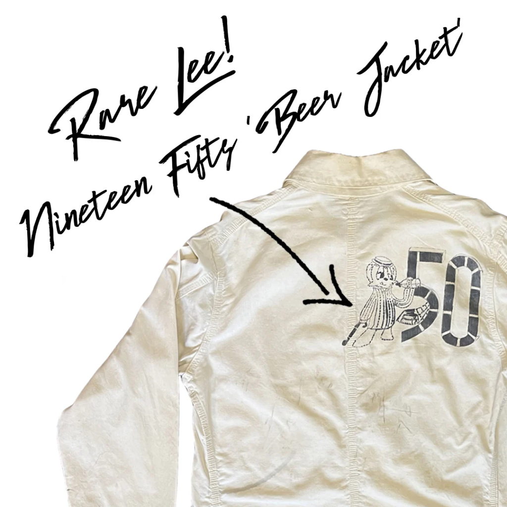 Vintage 1950s Lee beer jacket with unique graphic and bold 50 print on the back. Rare collectible fashion piece.