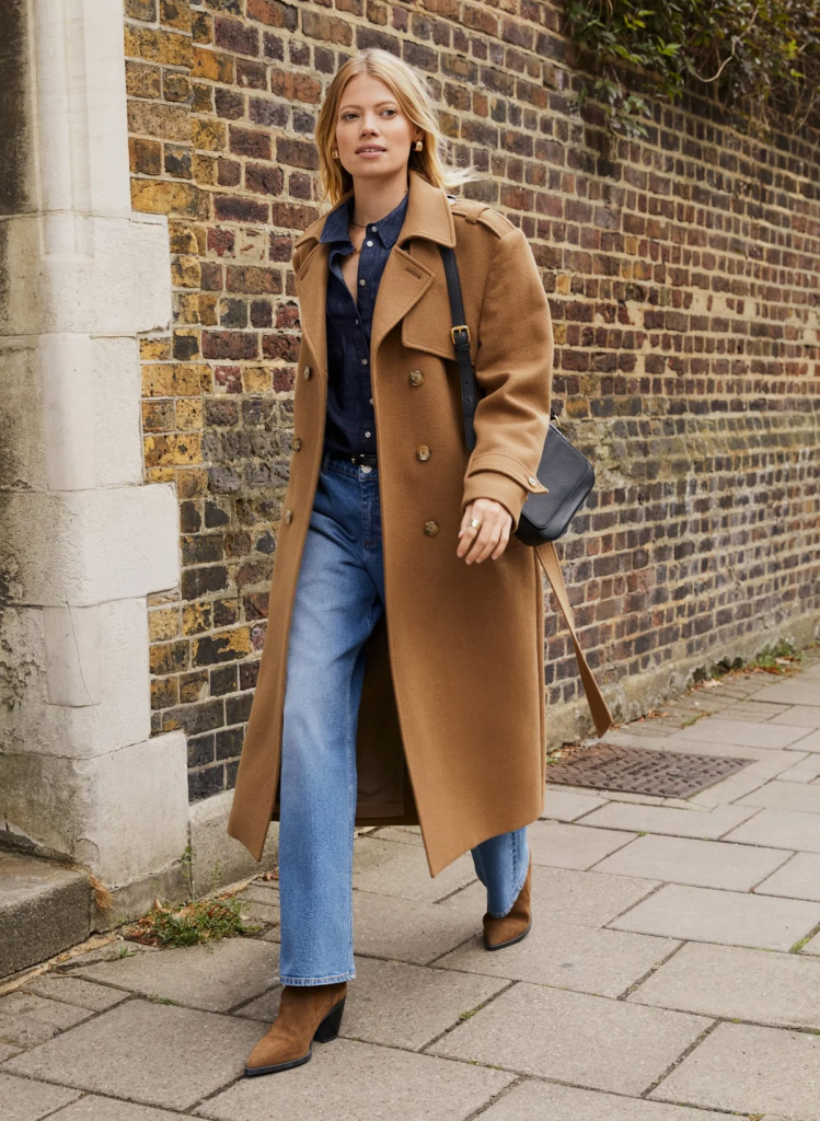 Woman in long brown coat and jeans walking on sidewalk by brick wall.